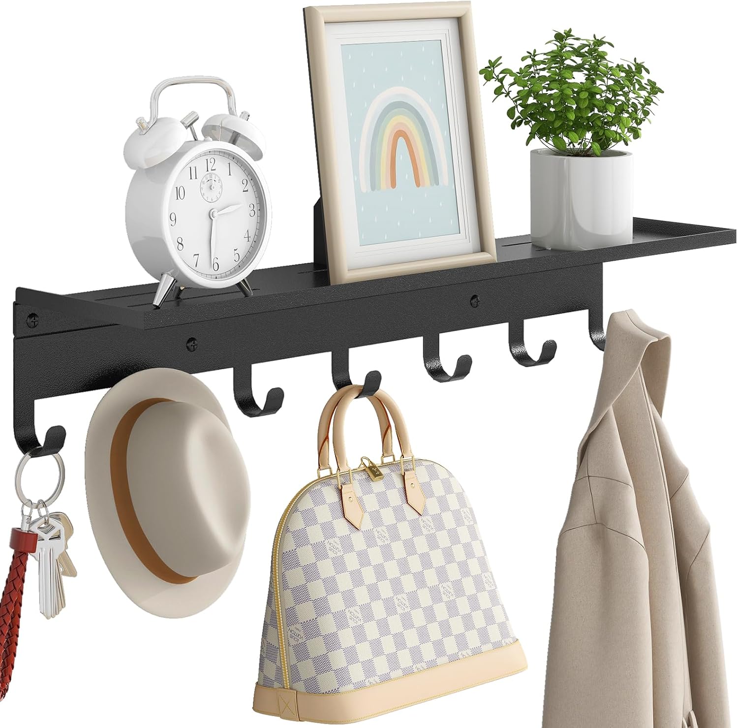Bethom Wall Shelf with Hooks, Metal Coat Rack Wall Mounted with 5 Hooks, 17 Inch Clothes Hooks Entryway Coat Hangers Storage Clothes, Bags, Purse, Keys for Living Room, Bedroom, Black