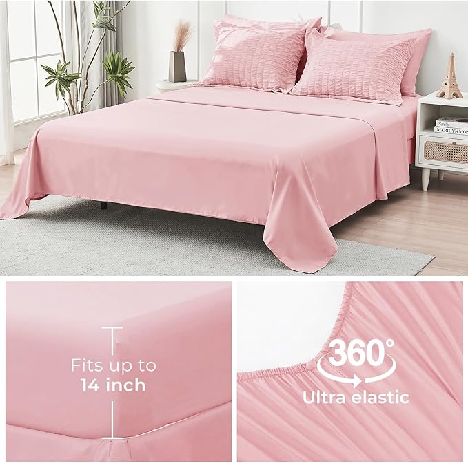 HYMOKEGE Pink Queen Comforter Set Seersucker 7 Pieces, All Season Luxury Bed in a Bag for Bedroom, Bedding Set with Comforters, Sheets, Pillowcases & Shams