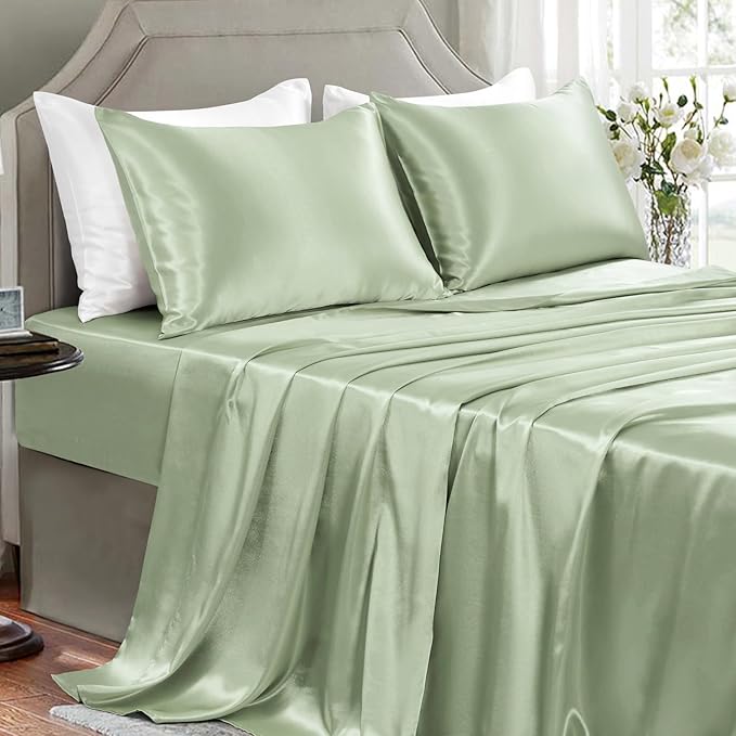 Satin Sheets King Size - 4 Pieces Luxury Silky Soft Bed Sheets, Wrinkle-Free Sage Green Satin Silk Sheet Set with 1 Deep Pocket Fitted Sheet, 1 Flat Sheet, 2 Pillow Cases