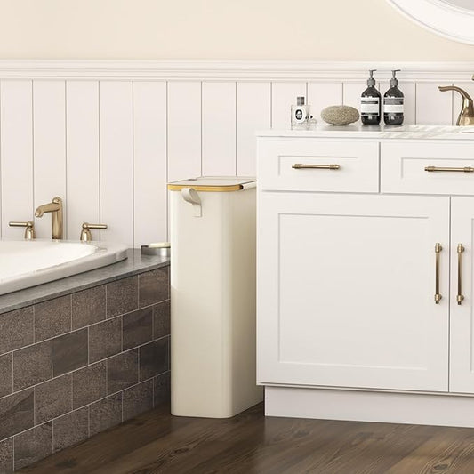 Lifewit 65L Slim Laundry Hamper with Lid, Narrow Laundry Basket with Removable Bag & Bamboo Handles, Fodable Thin Dirty Clothes Hamper for Laundry Collapsible Bin for Bathroom Bedroom Dorm, White