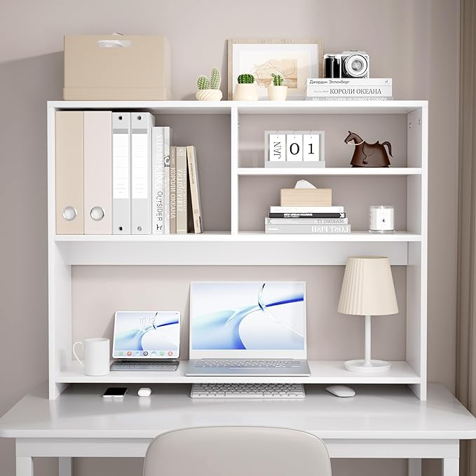 Jerry & Maggie Desktop Bookshelf Organizer, 4-Tier Desk Shelf with Hutch for Computer Desk, Wall Shelf Organizer & Room Decor Aesthetic, Dorm & Office Storage for Books, Laptop (White/38 in)