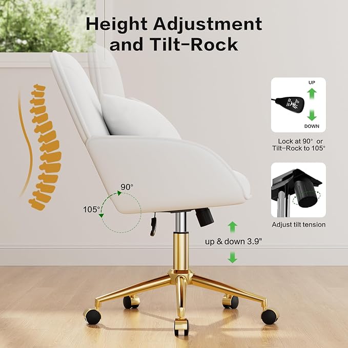 Home Office Desk Chair Comfy with Adjustable Swivel Wheels, Modern Velvet Makeup Vanity Chair with Back & Pillow, Ergonomic Office Chair Computer Task Chair for Living Room, Bedroom, White