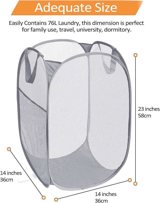 Durable Collapsible Laundry Baskets - Reinforced Mesh Pop Up Laundry Hamper with Pocket, Foldable Dirty Clothes Hamper with Carry Handles for Laundry, Bathroom, Kids Room, Dorm or Travel Pink+Grey