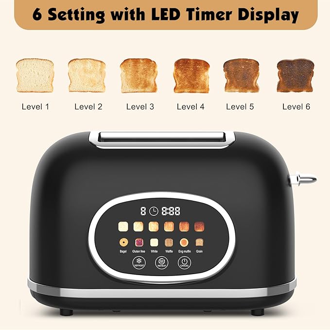 Digital 2-Slice Toaster with Touch Screen - 1.5'' Wide Slots, 6 Browning Levels, 6 Modes (Bagel/Waffle/Muffin) & 3 Functions (Defrost/Reheat/Cancel) + Countdown Timer, Matte Black Retro