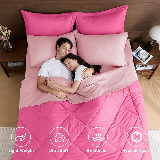 HEVUMYI Hot Pink & Baby Pink Full Comforter Set - 7-Piece All Season Bed in a Bag Full, Ultra Soft Bedding Set with Comforter, Flat Sheet, Fitted Sheet, Pillowcases, Pillow Shams