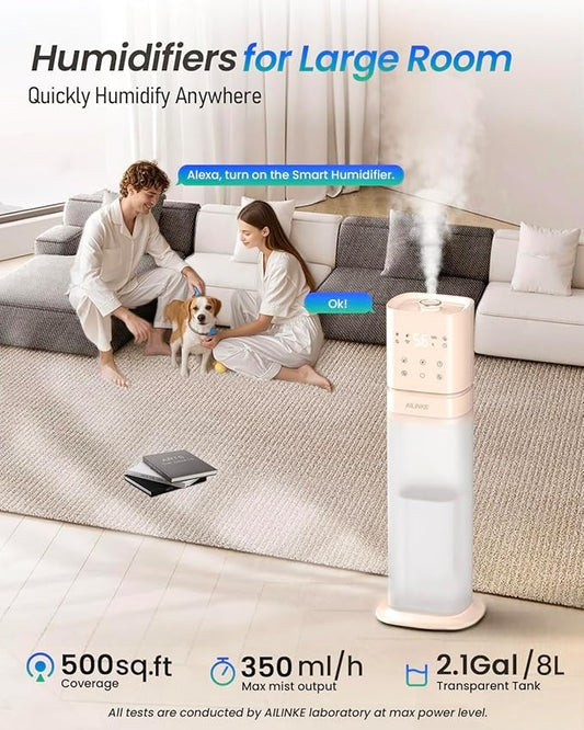 Smart Humidifier Large Room, 2.1Gal/8L Humidifiers for Bedroom with Extended Tube&Night Light, Whole House Cool Mist Humidifiers, WIFI App&Voice Control, Home/Kids/Baby, Pale Pink