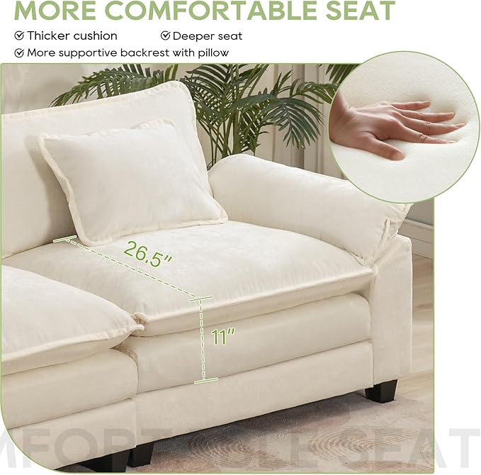 86" Modular Sectional Sofa, Comfy Cloud Couch Sectional Sofa, Chenille Sofa Sleeper Deep Seat Sofa with Throw Pillows for Living Room (Beige White, 86"- Loveseat)