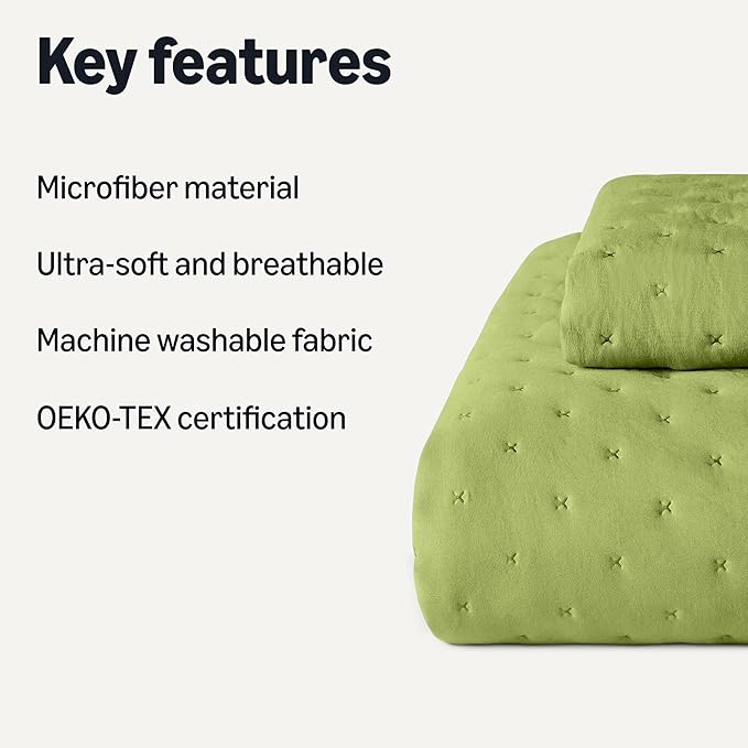Amazon Basics Brushed Microfiber Quilt Set, Extra Soft with Natural Texture, 2-Piece,Twin/Twin XL, Green