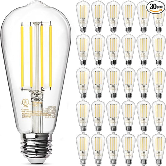 TJOY 30 Pack E26 Base Vintage LED Edison Light Bulbs, 60W Equivalent Dimmable, 4000K Natural White, 8W ST58 LED Filament Bulbs, 800Lumens, CRI80+, Antique Glass Style for Home, Bedroom, Farmhouse