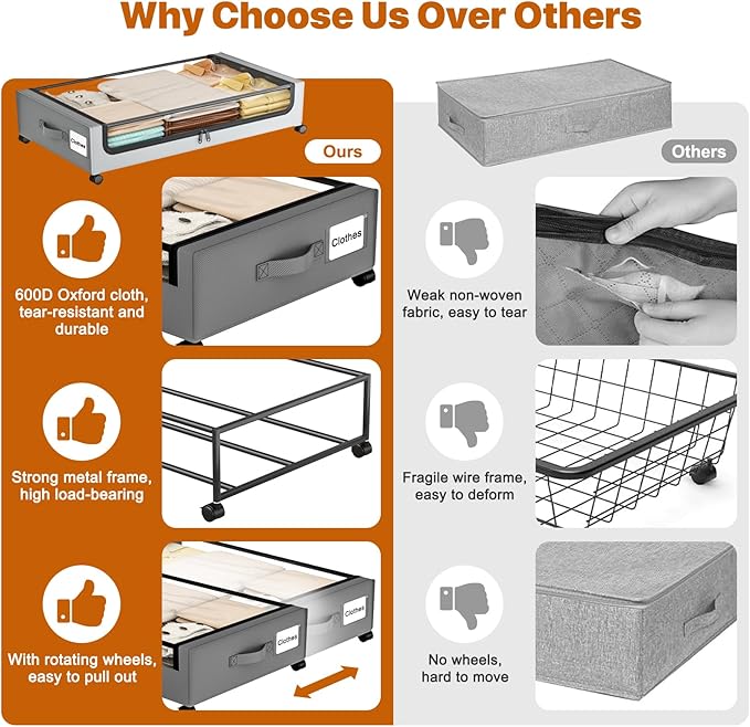 Under Bed Storage with Wheels,XXL 60L Under Bed Storage Containers with Clear Lids, Under-Bed Organizers for Clothes, Shoes – Durable Storage Bins with Smooth Rolling Wheels (Gray, 4 Pack)