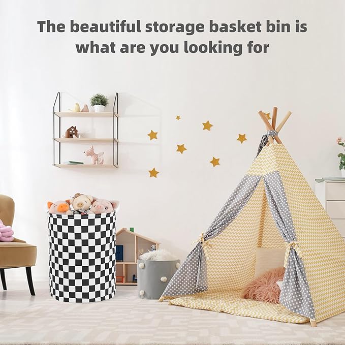 Large Foldable Laundry Basket Organizer Holder portable tall collapsible laundry hamper nusery Storage Basket Bin with Handles (Waterproof Lining, Black Racing Flag)