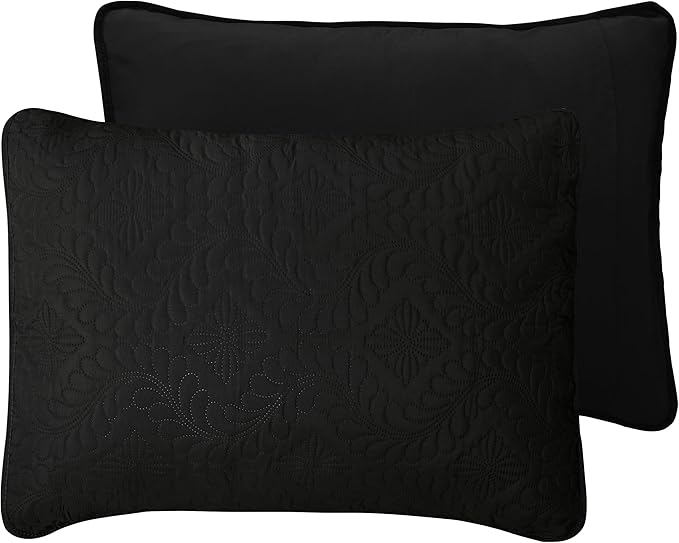 Easy-Going Full/Queen Size Reversible Quilt Set with 1 Quilt and 2 Pillow Shams, Soft Bed Quilt Cover, Water Resistant Lightweight Microfiber Bedspread, Stain Resistant, Olive Leaf-Black/Beige
