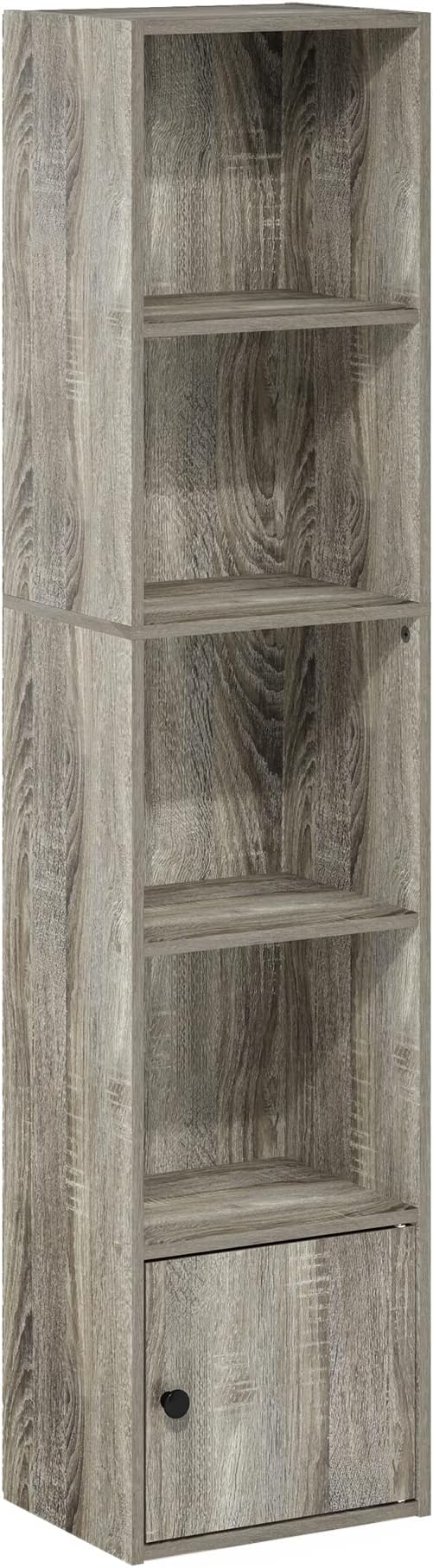 Furinno LUDER Book Shelf, 5-Tier Modern Bookshelf, Bookcase with 1 Door Storage Cabinet, 9.3 x 12 x 52, for Living Room, Bedroom, Home Office, French Oak