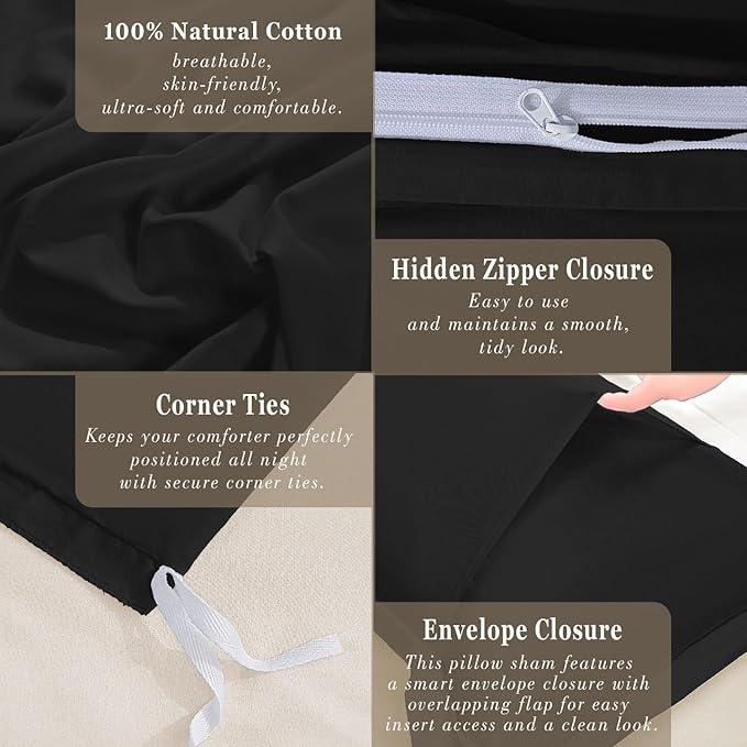 100-Percent Cotton Duvet Cover Set, Hidden Zipper Closure, Ultra Soft, Easy Care and Durable, Simple Bedding Style, Queen, Black (Comforter Not Included)