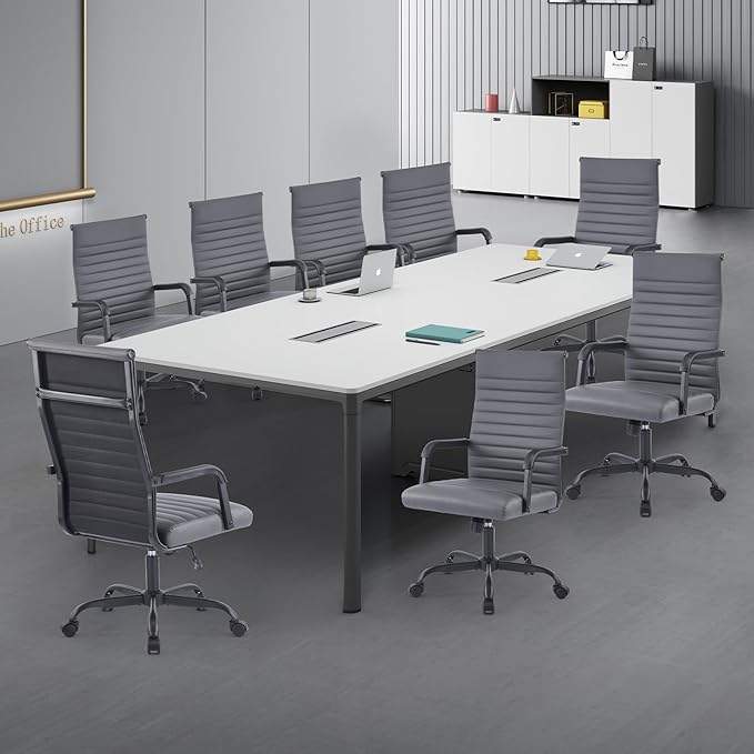 Office Chair, Ergonomic Executive Conference Room Chairs, Ribbed Leather Desk Chair with Lumbar Support, Adjustable Height Mid-Back Swivel Chair with Padded Seat and Square Tube Armrests