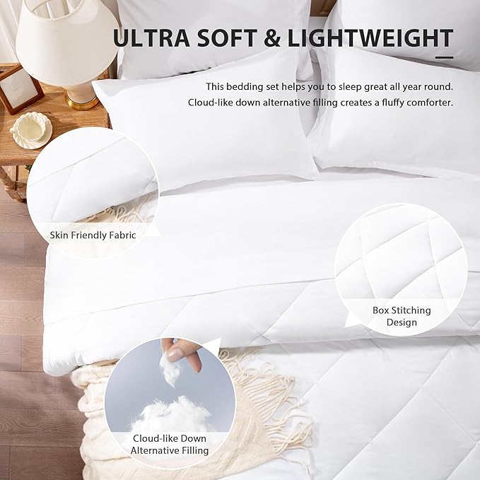 Love's cabin Full Comforter Set White, 7 Pieces Full Bed in a Bag, All Season Bedding Sets with 1 Comforter, 1 Flat Sheet, 1 Fitted Sheet, 2 Pillowcase and 2 Pillow Sham