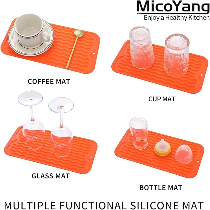 Silicone Dish Drying Mat for Multiple Usage,Easy clean,Eco-friendly,Heat-resistant Silicone Mat for Kitchen Counter or Sink,Refrigerator or Drawer Liner Orange S 12 inches x 6 inches