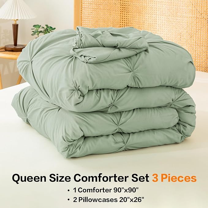 Andency Sage Green Comforter Queen Size, 3 Pieces Western Cute Pintuck Bedding Comforters & Sets for Queen Bed, All Season Solid Lightweight Soft Down Alternative Pinch Pleat Bed Set