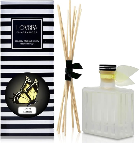 LOVSPA Reed Diffuser Set, Meyer Lemon Scented Oil Diffuser with Sticks, Home Fragrance Accessories for Bathroom Shelf Decor, Aroma Diffusers for Home or Office Desk, USA Made