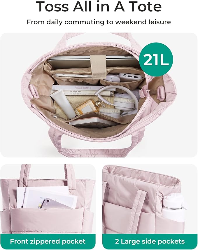 BAGSMART Tote Bag for Women, Lightweight Puffy Tote Bag with Compartments Shoulder Bag Handbag for Travel, Work, Gym