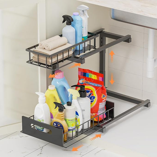 Under Sink Organizer, Heavy Duty Metal Slide Out Sink Shelf Organizer Height Adjustable, Multi-Purpose Storage Shelf for Kitchen Bathroom (Black,1Pack)