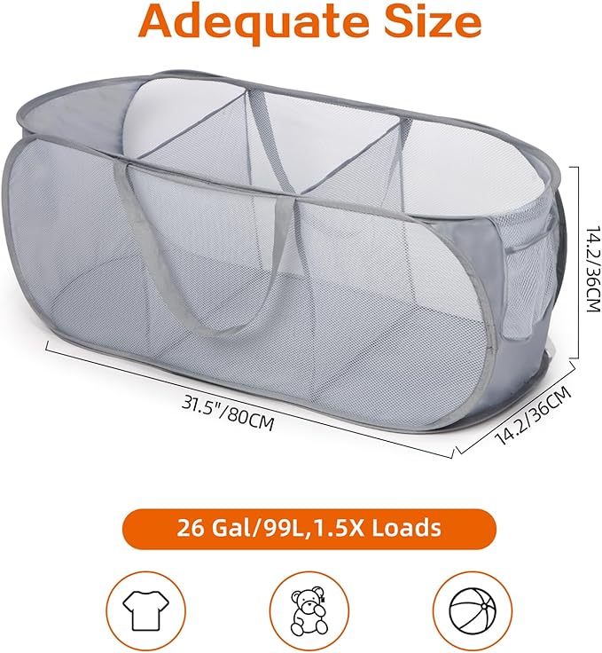 Durable Collapsible Foldable Pop Up Laundry Hamper, Sturdy 3 Compartments, Handy Pocket & Easy to Sort Clothes Hampers for Dorm, Kids Room, Travel - Grey