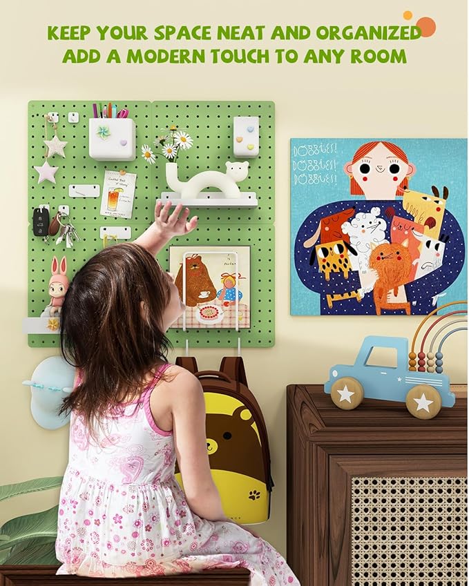 Metal Pegboard Combination Kit — 4 Carbon Steel Pegboards with 26 Accessories, Pegboard Wall Organizer for Home, Office, Study Room, Kitchen, Garage & Craft Room — 24″ × 24″ Green Peg Board