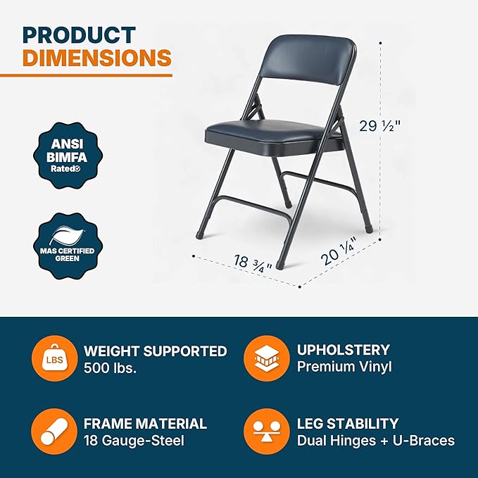 OEF Furnishings OEF1200 Series Premium Heavy Duty Vinyl Padded Folding Chairs, Commercial Grade 500 lb Capacity (4-Pack, Midnight Blue)