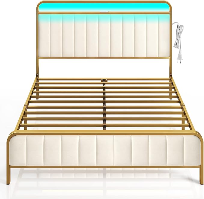Rolanstar Full Size Bed Frame with LED Light and Charging Station, Upholstered Headboard and Footboard, Metal Slat, Noise Free, Easy Assembly, Golden