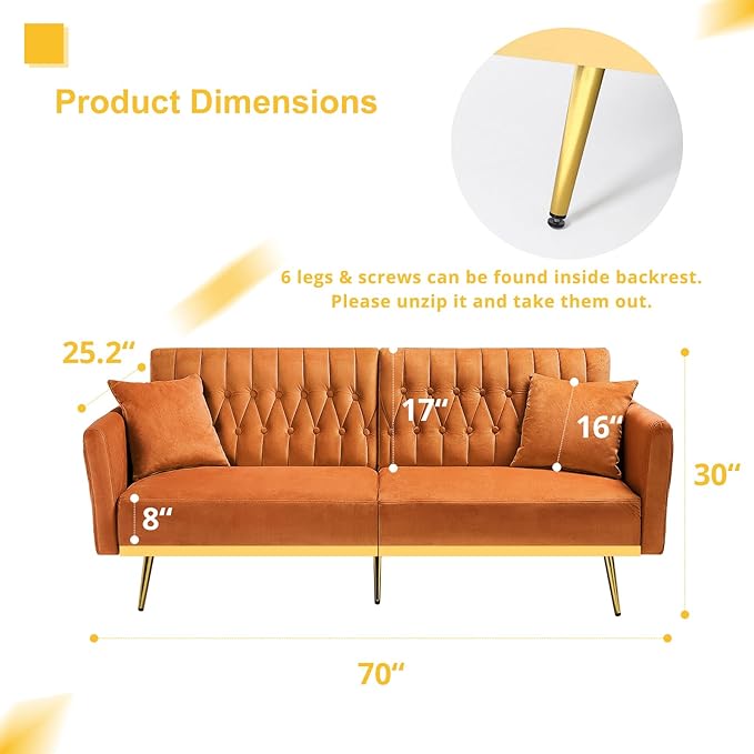 70” Velvet Futon Sofa Bed w/Adjustable Armrests & 2 Pillows, Convertible Futon Couch w/Adjustable Backrests, Modern Sleeper Bed for Living Room, Bedroom, Orange