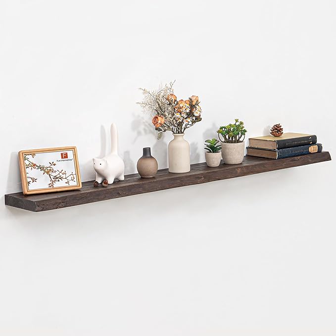 Floating Shelves for Wall, 55"x9.3" Rustic Solid Live-Edge Elm Wood Wall Shelves, Heavy-Duty Floating Shelves with Invisible Brackets, Set of 2 for Living Room, Bedroom, and Kitchen, Walnut Finish