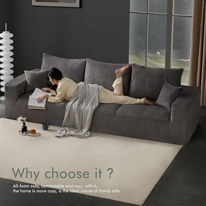 Boneless Cloud Couch Sofa for Living Room, 112" 3 Seater Grey Modern Lounge Sleeper Couch, No Assemble, Cordury Compression Upholstered Couches