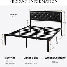 SHA CERLIN Full Size Metal Platform Bed Frame, PU Leather Upholstered Button Tufted Headboard, Mattress Foundation with 12.4” Under-Bed Storage, Noise-Free, Easy Assembly, No Box Spring Needed, Black