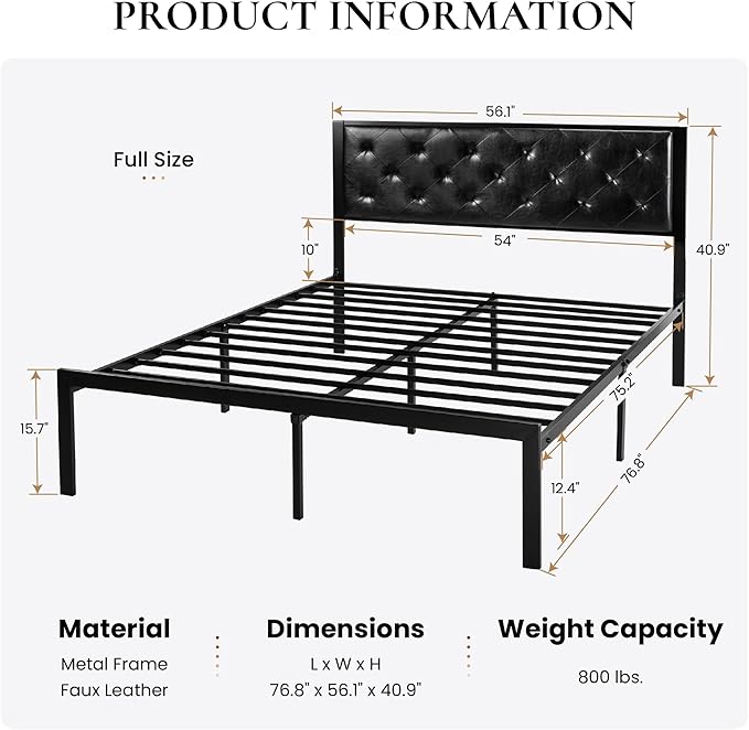 SHA CERLIN Full Size Metal Platform Bed Frame, PU Leather Upholstered Button Tufted Headboard, Mattress Foundation with 12.4” Under-Bed Storage, Noise-Free, Easy Assembly, No Box Spring Needed, Black