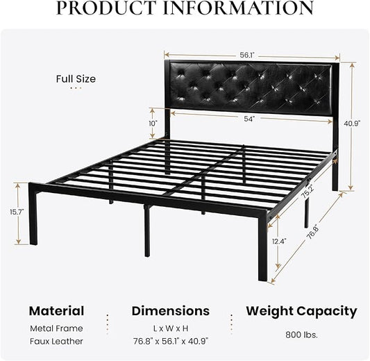 SHA CERLIN Full Size Metal Platform Bed Frame, PU Leather Upholstered Button Tufted Headboard, Mattress Foundation with 12.4” Under-Bed Storage, Noise-Free, Easy Assembly, No Box Spring Needed, Black