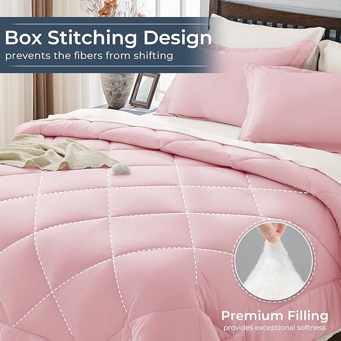 HEVUMYI Twin Comforter Set - 5-Piece All Season Bed in a Bag Twin, Ultra Soft Bedding Set with Comforter, Flat Sheet, Fitted Sheet, Pillowcases, Pillow Shams, Pink & Ivory