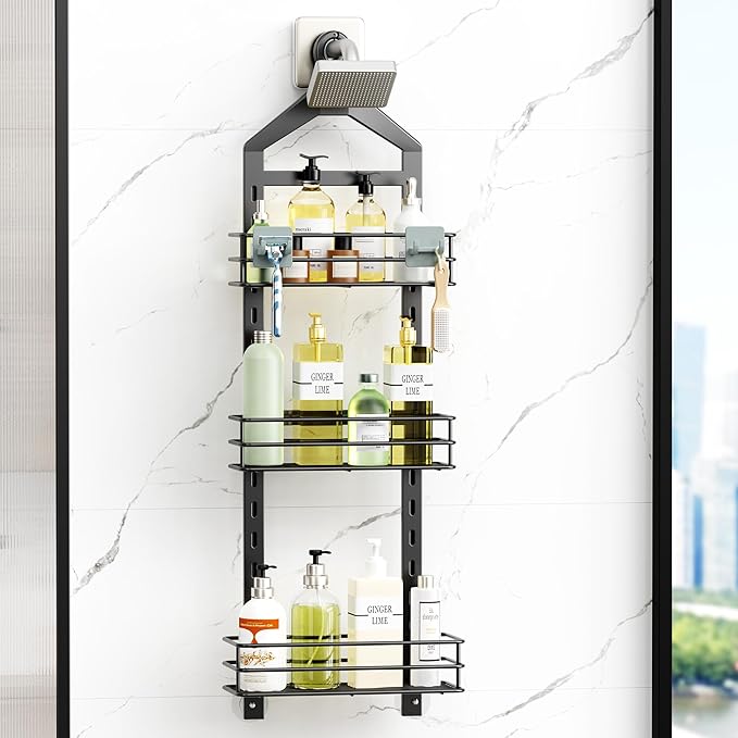 Orimade Adjustable Anti-slip Shower Caddy over Head, Rustproof Bathroom Hanging Organizer with 2 Hooks for Razor, No Drilling Shower Shelves Storage Rack 3 Tier, Black