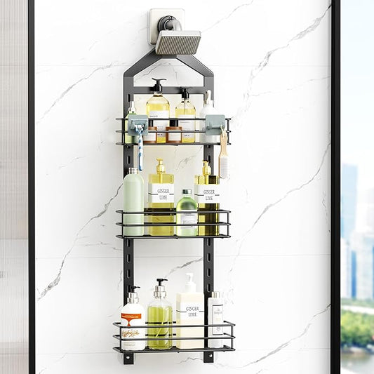 Orimade Adjustable Anti-slip Shower Caddy over Head, Rustproof Bathroom Hanging Organizer with 2 Hooks for Razor, No Drilling Shower Shelves Storage Rack 3 Tier, Black