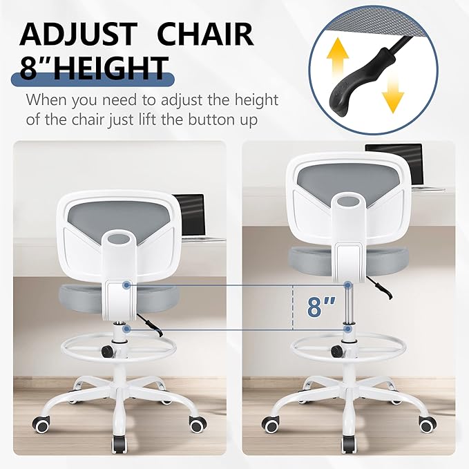 Primy Armless Tall Desk Chair, Adjustable Height and Footring, Mid-Back Ergonomic Standing Desk Chair Mesh Rolling Tall Chair for Art Room, Office or Home (Gray)