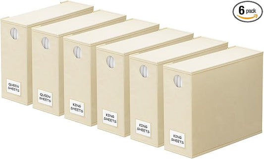 SpaceAid 6 Pack Bed Sheet Organizers and Storage, Foldable Sheet Organizer with Window for Linen Closet, Set Folder Keeper for Queen & King Size Bedding Storage (Beige)
