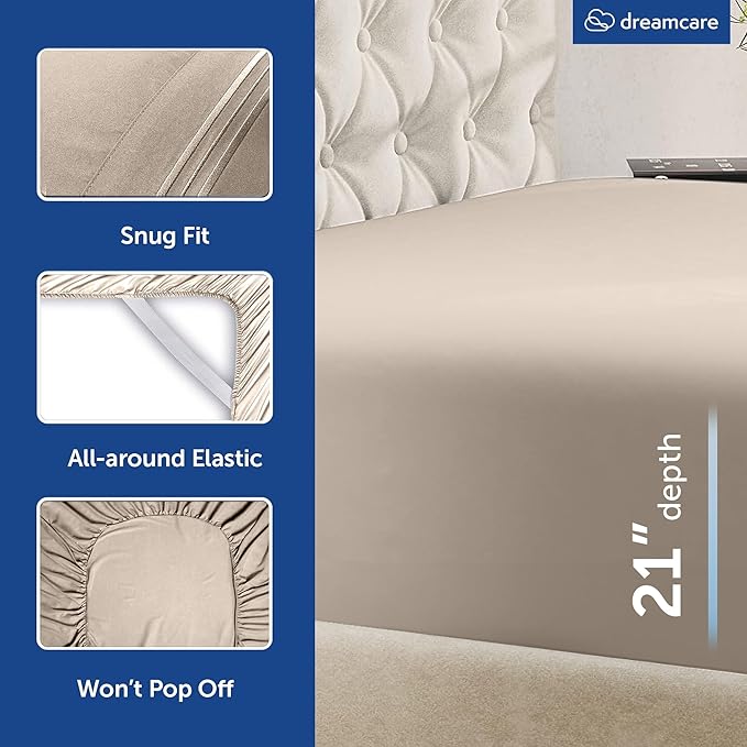 DREAMCARE King Size Sheets Set – 4 pcs Cooling Sheets – up to 21” Deep Pocket King Sheet Set – Hotel Luxury Sheets & Pillowcases – Superior Softness 100% Microfiber with Side Pocket - Beige DREAMCARE