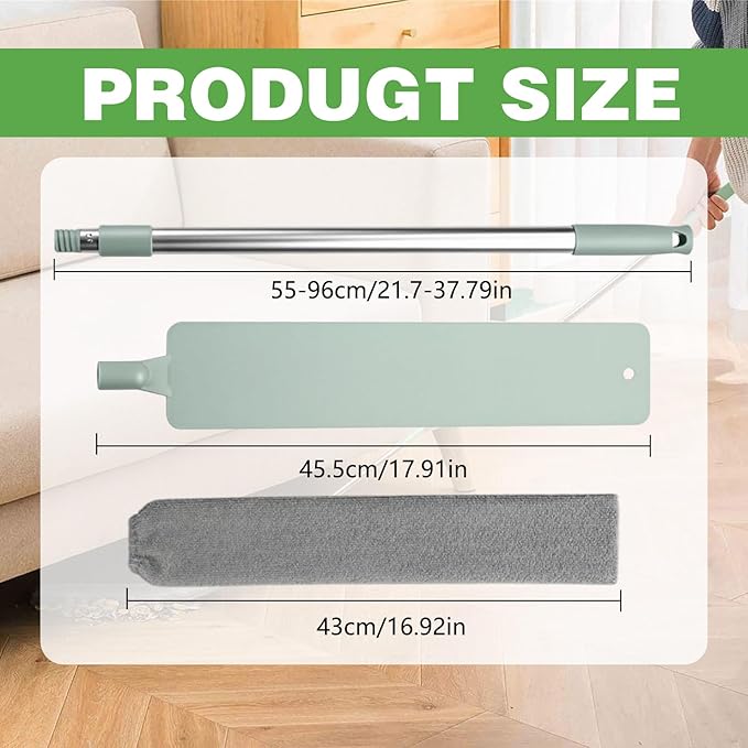 Retractable Gap Dust Cleaner Cleaning Tools with 2 Microfiber Dusting Cloths, Flat Duster with Extension Pole, Flexible Microfiber Duster for Cleaning Under Refrigerator,Sofa,Couch Bed,Furniture