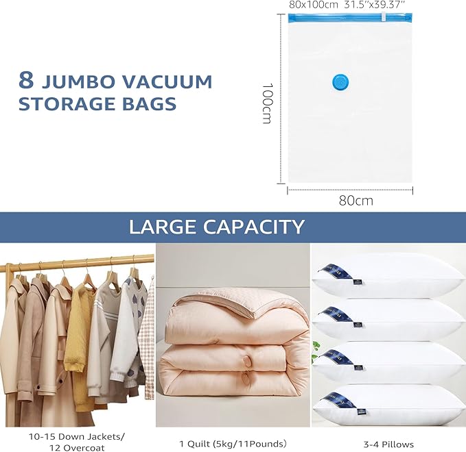BoxLegend Vacuum Storage Bags with Large Size Hand Pump 8 Jumbo 31.5’’x39.37’' Thickened Vacuum Seal Bags for Clothing Space Saving Vacuum Pack Storage Bags for Pillow Comforters Bedding