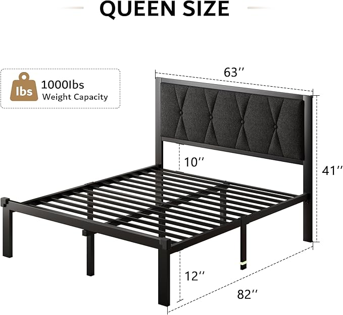iPormis Queen Metal Bed Frame, Linen Button Tufted Headboard Platform Bed, Heavy Duty Slats Support, 12" Under Bed Storage, No Box Spring Needed, Easy Assembly, Dark Gray