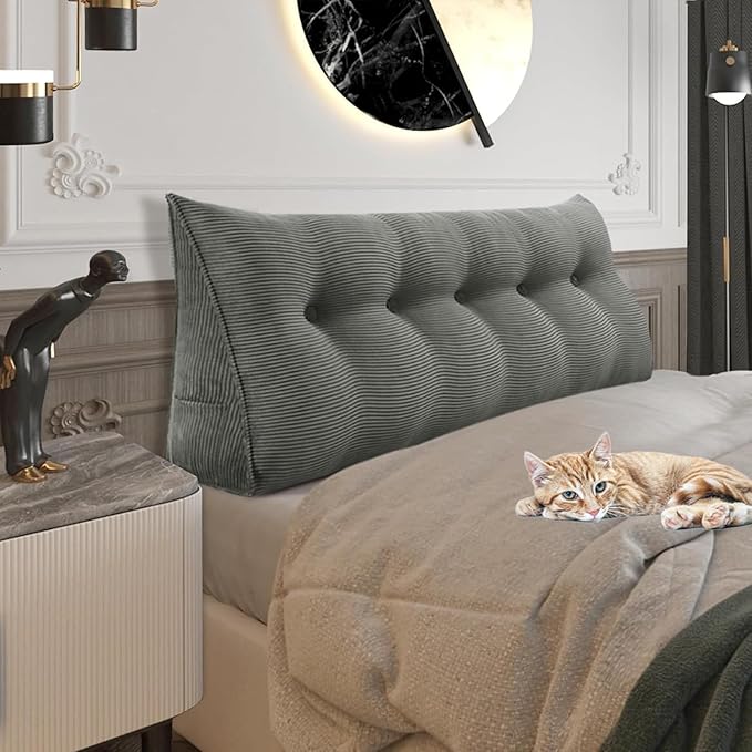 11 lbs Thickened Queen Wedge Pillow Headboard Body Positioner Triangular Reading Pillow Bed Bolster Pillow for Sitting in Bedwith Removable Cover Gift for Dad Backrest Cordury Gray