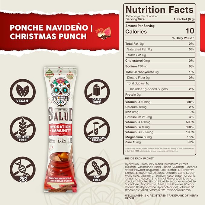 Salud 2-in-1 Hydration Packets + Immunity Electrolytes Powder, Christmas Punch - Ponche Navideno Drink Mix, Elderberry, Dairy & Soy Free, Non-GMO, Gluten Free, Vegan, 1g Sugar (15 Servings)