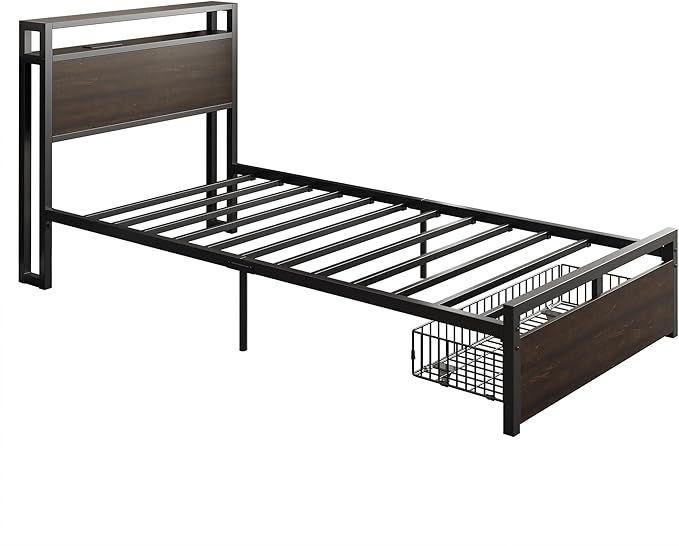 LIKIMIO Twin Bed Frames with Drawer, Storage Headboard with Outlets, No Box Spring Needed, Easy Assembly, Dark Brown