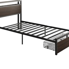 LIKIMIO Twin Bed Frames with Drawer, Storage Headboard with Outlets, No Box Spring Needed, Easy Assembly, Dark Brown