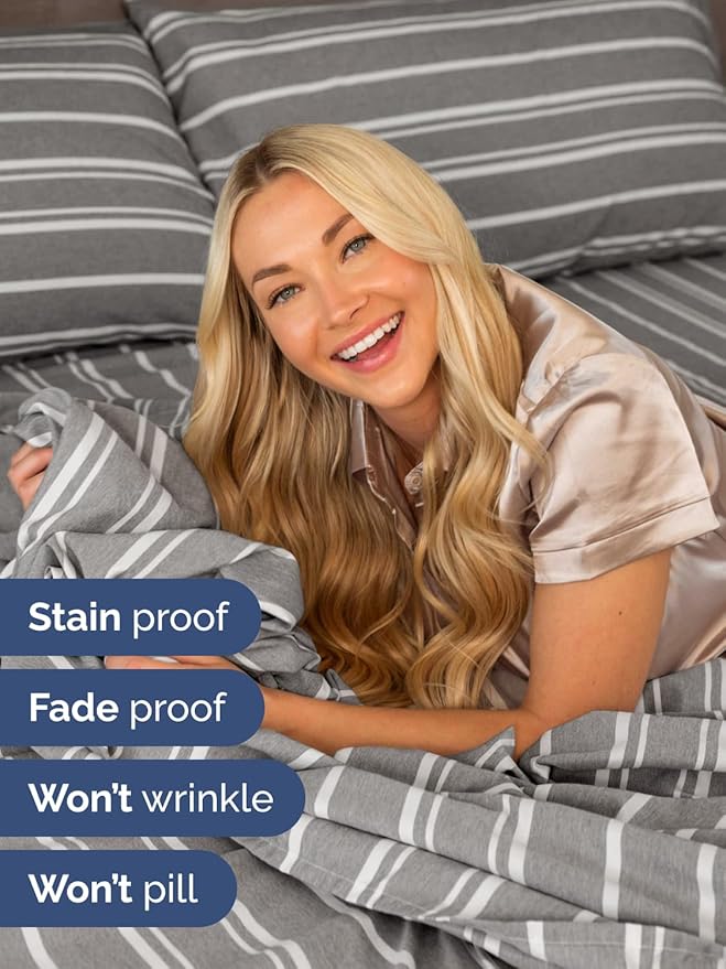 Extra Deep Pocket Queen Sheet Set - 4 Piece Breathable & Cooling Bed Sheets - Hotel Luxury Sheet Set - Ultra Soft, Wrinkle Free & Comfy - Fits Extra Deep Mattresses - Deep Pocket Grey Stripes 3 Sheets