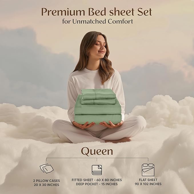 Utopia Bedding Queen Sheet Set – 4 Piece Bed Sheets for Queen Size Bed, Soft and Breathable Microfiber, Includes 1 Fitted Sheet, 1 Flat Sheet and 2 Pillowcases (Sage)